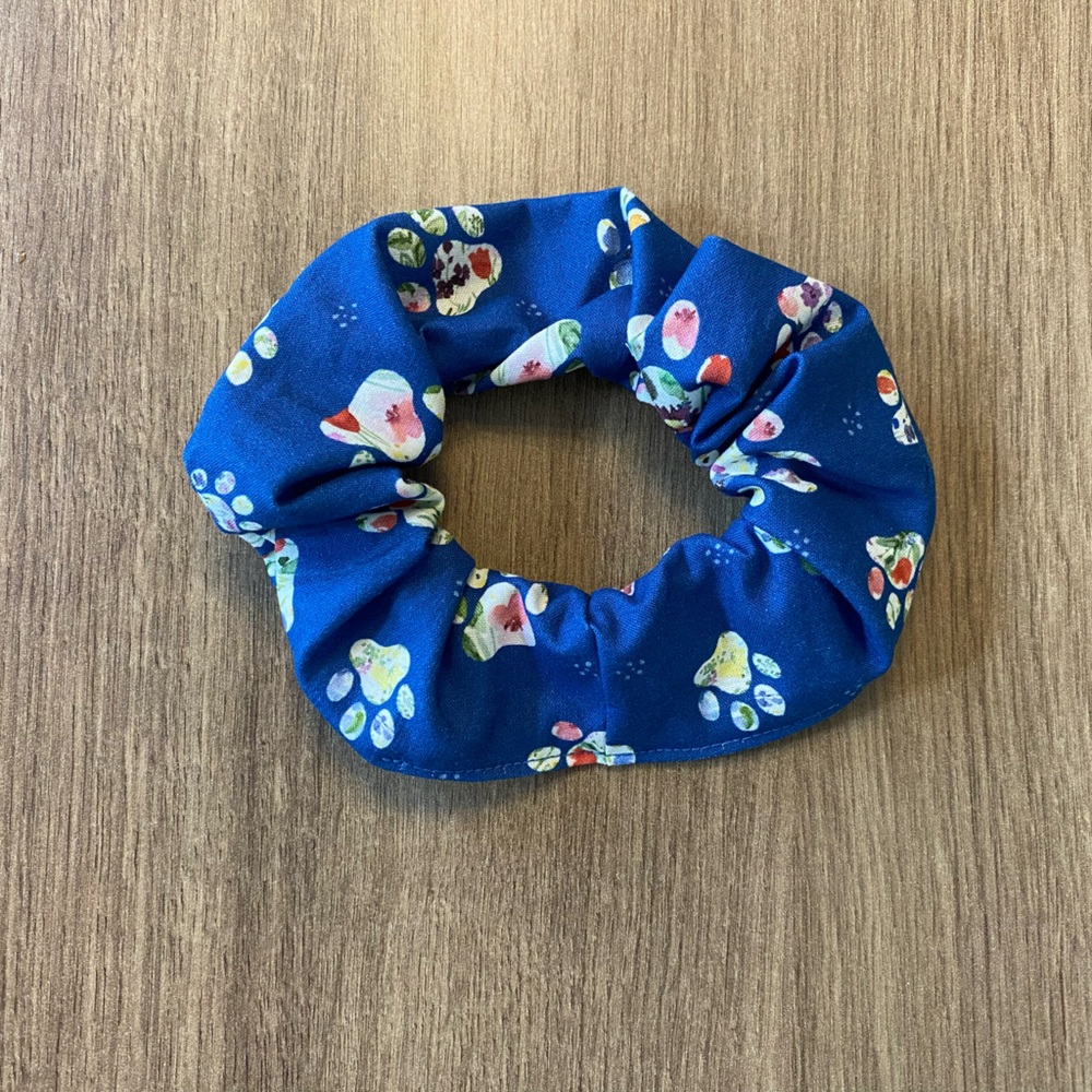 Paw Animal Print Scrunchie, Blue/Multicolour, Size Large - For Thicker Hair.
